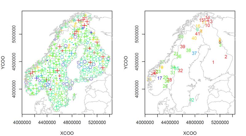 Geologické složení půd v severní Evropě s vyznačením odlehlých pozorování